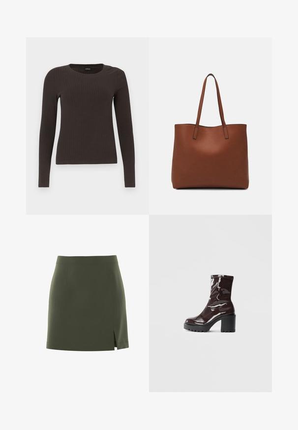 Ruskih, dugih rukava, rebrastih majica s okruglim izrezom. Izrađena od glatkog, rastezljivog materijala, s pripijenim krojem i minimalnim detaljima.; Olivinvihreä minihame, jossa on vartalonmyötäinen malli, suora helma ja sivuhalkio. Valmistettu sileästä, joustavasta kankaasta ilman näkyviä metalliosia.; Satea bordeaux berwarna mengkilap dengan tumit hitam tebal, menampilkan tekstur halus dan desain sederhana. Tanpa pengikat atau pola yang terlihat.; Ruskea nahkainen olkalaukku, jossa on sileä pinta, avoin yläosa ja kaksi olkahihnaa. Omaavat vain minimaalisen ompelun eikä näkyvää metalliosaa.