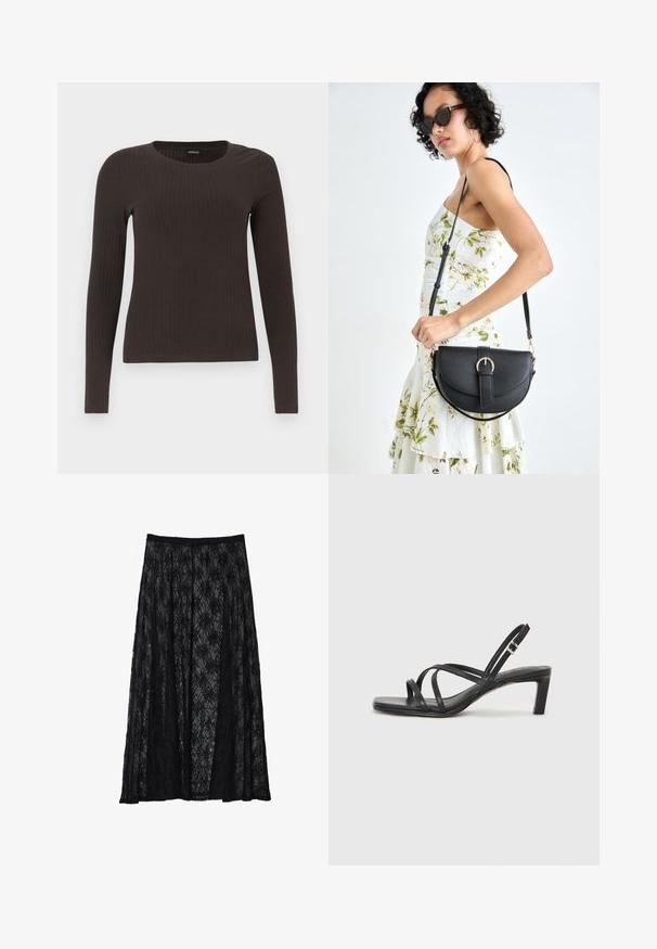 Hnedý, dlhý rukáv, rebrovaný top s okrúhlym výstrihom. Vyrobený z hladkého, elastického materiálu, s priliehavým strihom a minimálnym zdobením.; Stradivarius LAYERED - Maxisukňa - black; Čierne sandále na vysokom podpätku so štvorcovou špičkou a nízkym blokovým podpätkom. Obsahujú viacero tenkých popruhov a nastaviteľný členkový popruh. Vyrobené z hladkej kože.; Čierna kožená kabelka s zaobleným tvarom, odnímateľným popruhom a zlatými doplnkami. Kabelka má klopu s detailom s prackou.