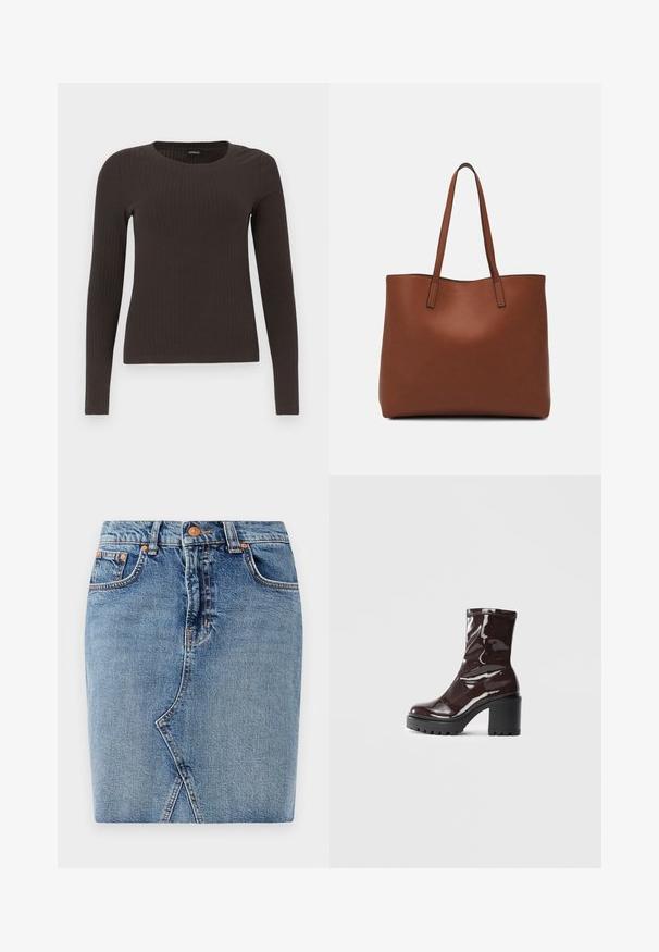 Brun, langermet ribbestrikket topp med rund hals. Laget av et glatt, elastisk materiale, med en tettsittende silhuett og minimalt med detaljer.; Denimskjørt i middels blå, med en tettsittende design, frontlommer og diagonale sømdetaljer. Standard linning med metallknapplås.; Glinsende burgunder ankelstøvel med en kraftig svart hæl, med en glatt tekstur og enkelt design. Ingen synlige lukkinger eller mønstre.; Brun lær tote veske med en jevn tekstur, åpen toppdesign og to skulderstropper. Har minimal søm og ingen synlige spiker.