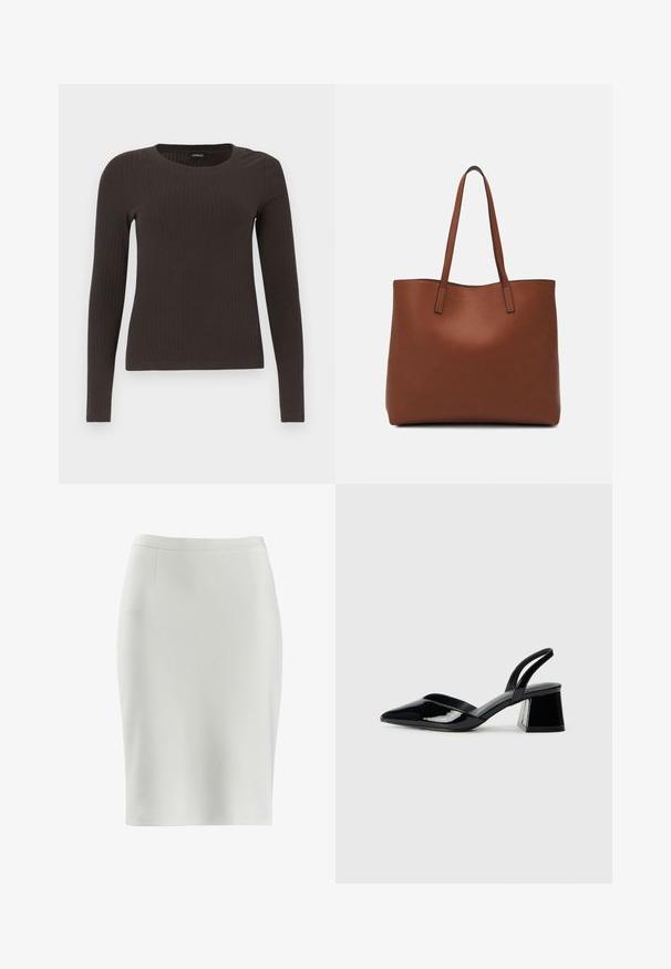 Barna, hosszú ujjú bordázott felső, kerek nyakkivágással. Simább, rugalmas anyagból készült, illeszkedő fazonú és minimális részletezéssel.; Fehér ceruzaszoknya sima textúrával, testhezálló fazonnal és diszkrét oldalsó varrásokkal. Közepes hosszúságú, nem látható fémalkatrészekkel vagy mintázattal.; Fekete lakk bőr szandálkés magas sarkú cipő, hegyes orral és geometrikus tömbsarkakkal. Karcsú, minimalista dizájn és sima textúra jellemzi.; Barna bőr vászontáska sima textúrával, nyitott tetejű dizájnnal és két vállpánttal. Minimális varrással és látható hardver nélkül készült.