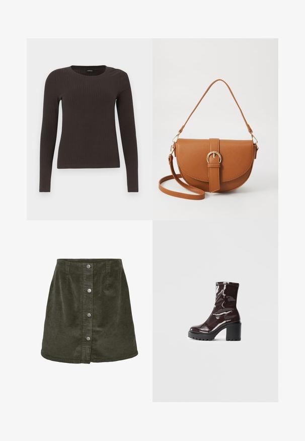 Smeđa, dugokraga, rebrasta majica s dugim rukavima. Izrađena od glatkog, rastezljivog materijala, s prikladnim krojem bez mnogo detalja.; Mini suknja od kordura u tamnozelenoj boji s a-line oblikom, featuring pet srebrnih dugmadi na prednjoj strani i vertikalnom rebrastom teksturom.; Sjajna burgundska čizma do gležnja s debelim crnim potplatom, koja se odlikuje glatkom teksturom i jednostavnim dizajnom. Nema vidljivih kopčanja ili uzoraka.; Smeđa kožna torba preko tijela s zakrivljenim oblikom, zlatnim metalnim detaljima i naglaskom na kopču. Ima odvojivu naramenicu.