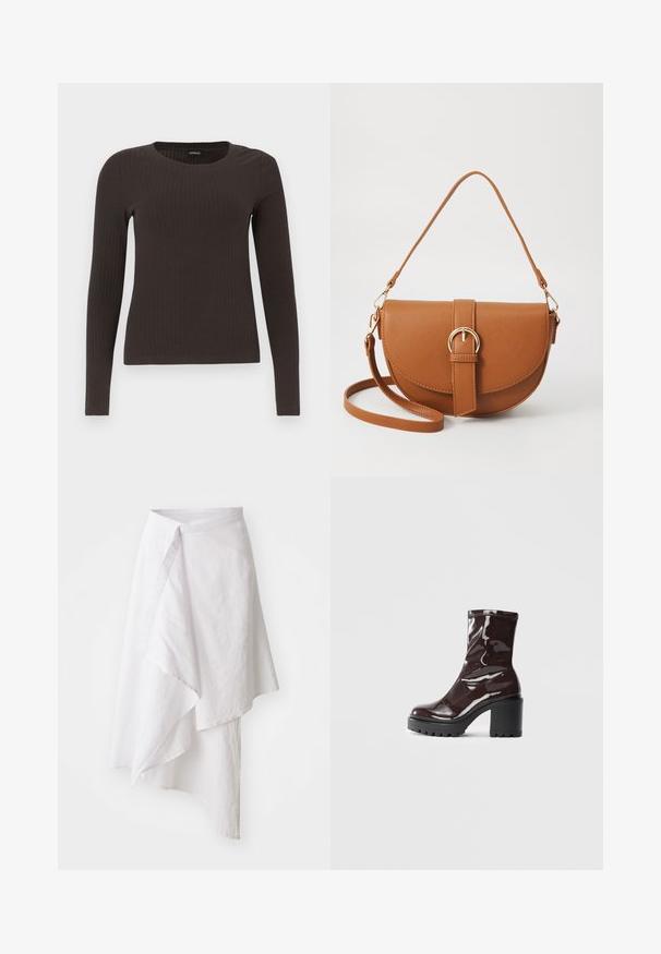 Un haut marron à manches longues en rib avec un col rond. Fabriqué dans un matériau lisse et extensible, il présente une silhouette ajustée et un minimum de détails.; Jupe enveloppante blanche en tissu léger, dotée d'un ourlet asymétrique, d'une texture lisse et d'un design simple et minimaliste.; Bottines bordeaux brillantes à talon épais noir, avec une texture lisse et un design simple. Aucune fermeture visible ni motifs.; Sac bandoulière en cuir marron avec une forme incurvée, quincaillerie dorée et un accent en boucle. Comprend une bandoulière détachable.