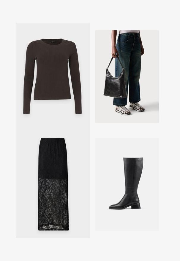 Top castanho de manga longa em malha com decote redondo. Feito de um material suave e elástico, apresentando um silhueta ajustada e detalhes mínimos.; Selected Femme SLFMISTA ANKLE SKIRT - Saia comprida - black; Bota de couro preta até ao joelho, com bico redondo e salto baixo, em bloco. Apresenta uma textura suave e detalhes de costura mínimos.; Bolsa de ombro em couro preto com textura suave e alça ajustável, combinada com jeans de perna larga desbotados e ténis desportivos.