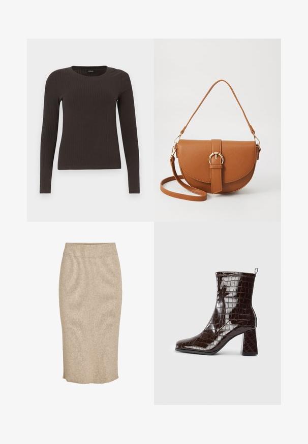 Pruun, pikkade varrukatega ribaga särk, millel on ümar kaelus. Valmistatud siledast, venivast materjalist, omades formatiivset siluetti ja minimaalset dekoratiivsust.; Kergelt beežist värvi kudumiselt seelik, millel on vertikaalne ribakoe, põlvekõrgus, elastse vöökoht ja sirge lõige.; Tumepruun patendiga nahast pahkluu saabas krokodillimustriga, plokknäppa ja tõmbluku nupuga taga, valge tausta ees.; Pruun nahast õlakott, millel on kumer kuju, kullavärvi riistvara ja pandlaga kaunistus. Omab eemaldatavat õlarihma.