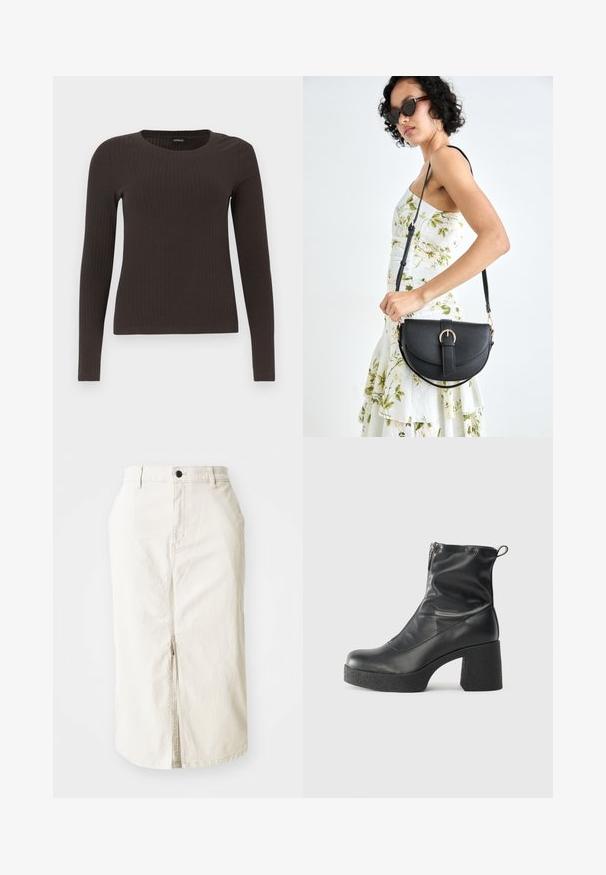 Smeđa, dugokraga, rebrasta majica s dugim rukavima. Izrađena od glatkog, rastezljivog materijala, s prikladnim krojem bez mnogo detalja.; Bež midi suknja od pamuka s prednjim prorezom, zatvaranjem na gumb na vrhu i bez vidljivih džepova. Ravni pojas i glatka tekstura.; Crne gležnjače od glatke kože, s bočnim zatvaračem, debelim teksturiranim potplatom i dizajnom s zaobljenim prstima.; Crna kožna torba s lukovitim oblikom, odvojivim remenom i zlatnim detaljima. Torba ima preklop s kopčom.