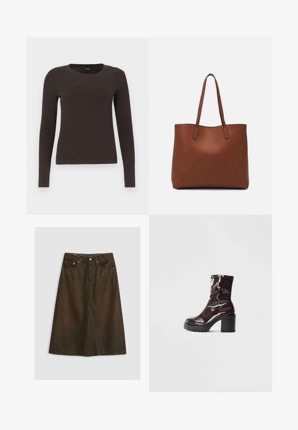 Brązowa, dzianinowa bluzka z długim rękawem i okrągłym dekoltem. Wykonana z gładkiego, elastycznego materiału, z dopasowanym krojem i minimalnymi detalami.; Brązowa spódnica dżinsowa w kształcie litery A z wysokim stanem, przednim rozcięciem, miedzianymi nitami i tonalnym przeszyciem. Gładka tekstura, długość do kolan.; Błyszczące bordowe botki za kostkę z masywną czarną obcasem, charakteryzujące się gładką teksturą i prostym wzornictwem. Brak widocznych zapięć lub wzorów.; Brązowa skórzana torba tote o gładkiej fakturze, z otwartym wierzchem i dwoma ramiączkami. Charakteryzuje się minimalnym przeszyciem i brakiem widocznych elementów metalowych.