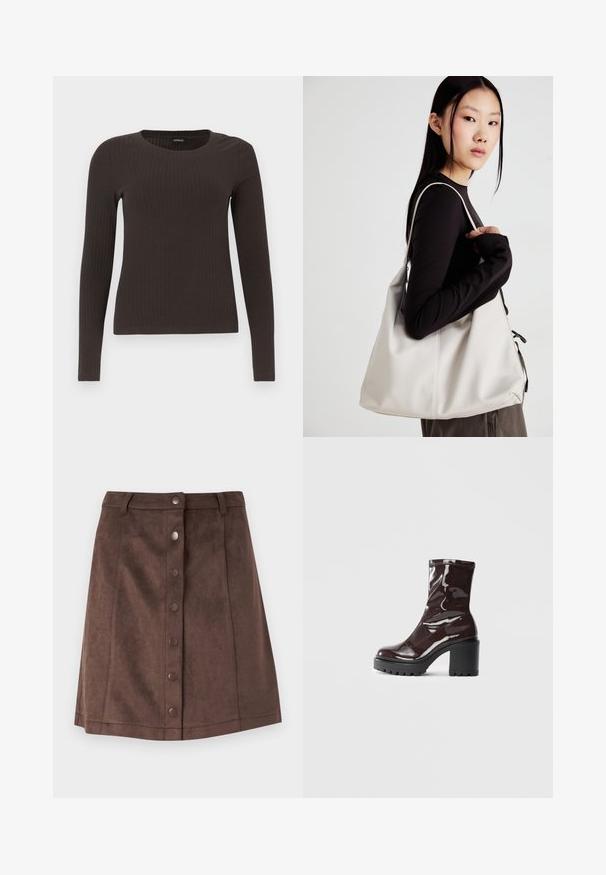 Brun, langermet ribbestrikket topp med rund hals. Laget av et glatt, elastisk materiale, med en tettsittende silhuett og minimalt med detaljer.; ONLY ONLINA SUEDE BUTTON SKIRT - Miniskjørt - chocolate brown; Glinsende burgunder ankelstøvel med en kraftig svart hæl, med en glatt tekstur og enkelt design. Ingen synlige lukkinger eller mønstre.; Beige håndveske laget av mykt materiale, med en slapp design, sydd detaljer og to skulderstropper. Passer for daglig bruk.