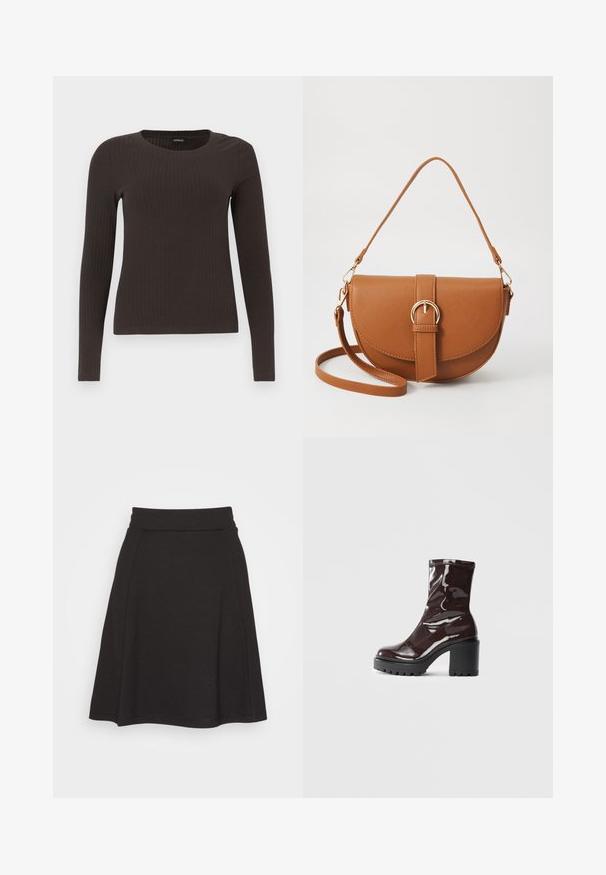 Un haut marron à manches longues en rib avec un col rond. Fabriqué dans un matériau lisse et extensible, il présente une silhouette ajustée et un minimum de détails.; Jupe noire évasée en tissu doux avec une texture lisse. Elle possède une large ceinture et arrive à mi-cuisse.; Bottines bordeaux brillantes à talon épais noir, avec une texture lisse et un design simple. Aucune fermeture visible ni motifs.; Sac bandoulière en cuir marron avec une forme incurvée, quincaillerie dorée et un accent en boucle. Comprend une bandoulière détachable.