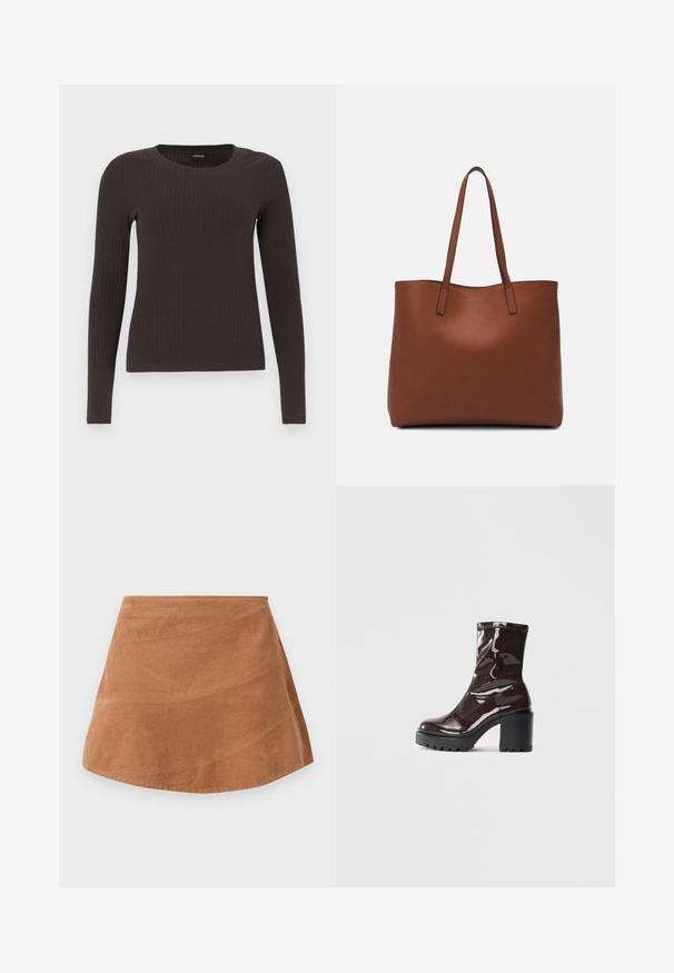 Brown, long-sleeve ribbed top with a crew neckline. Made from a smooth, stretchy material, featuring a fitted silhouette and minimal detailing.; Brown corduroy mini skirt with a flared design, featuring a smooth texture and subtle vertical lines from the fabric's ribbed pattern.; Glossy burgundy ankle boot with a chunky black heel, featuring a smooth texture and simple design. No visible fastenings or patterns.; Brown leather tote bag with a smooth texture, open top design, and two shoulder straps. Features minimal stitching and no visible hardware.