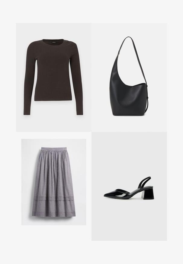 Un haut marron à manches longues en rib avec un col rond. Fabriqué dans un matériau lisse et extensible, il présente une silhouette ajustée et un minimum de détails.; Jupe à motif vichy noir et blanc, avec une taille élastique et un tissu froncé. Le design comporte un détail de couture en étages.; Escarpins en cuir verni noir avec bout pointu et talon bloc géométrique. Présente un design élégant et minimaliste ainsi qu'une texture lisse.; Sac hobo en cuir noir avec une texture lisse, une forme incurvée et une seule sangle réglable ; dispose d'une large ouverture en haut.