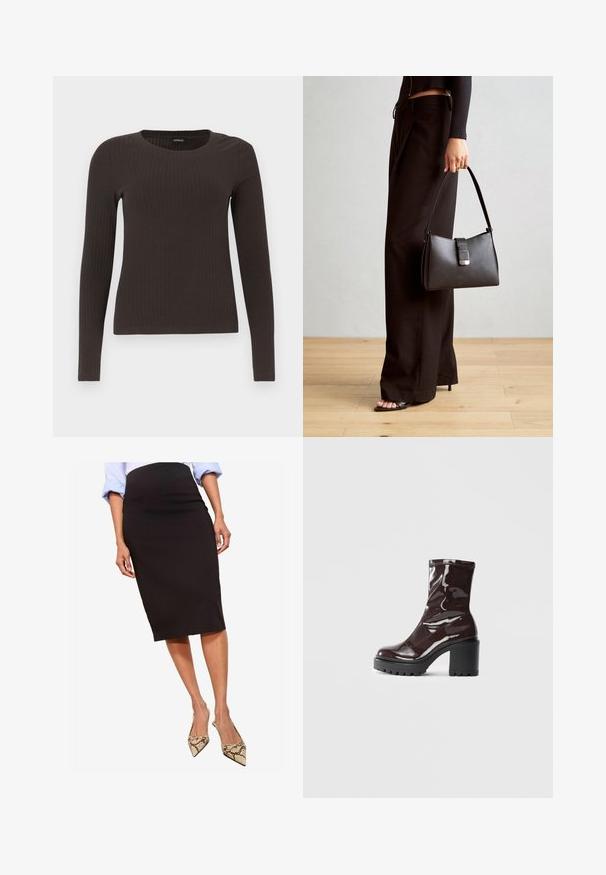 Smeđa, dugokraga, rebrasta majica s dugim rukavima. Izrađena od glatkog, rastezljivog materijala, s prikladnim krojem bez mnogo detalja.; Crna suknja od glatke tkanine, dužine do polovice lista, uparena s cipelama na visoku petu od zmijske kože s oštrom nosom, koja ima elegantnu siluetu.; Sjajna burgundska čizma do gležnja s debelim crnim potplatom, koja se odlikuje glatkom teksturom i jednostavnim dizajnom. Nema vidljivih kopčanja ili uzoraka.; Crna torba s oblikom koji sadrži strukturu, glađu teksturu i metalnu kopču. Uparena s širokim crnim hlačama i sandalama na otvorenom s drvenog poda.