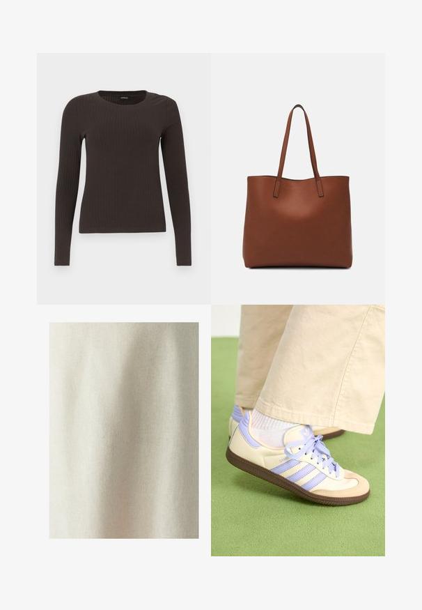 Top marrón de manga larga y con ribete, con cuello redondo. Fabricado con un material suave y elástico, presenta una silueta ajustada y un diseño minimalista.; Tejido de color beige claro con una textura sutil y un tejido uniforme, que muestra suaves arrugas y pliegues, adecuado para diversas aplicaciones textiles.; Zapatillas de crema y lavanda con tres rayas y una suela marrón texturizada, que cuentan con cordones y un talón acolchado. Parte superior de tela suave.; Bolso tote de cuero marrón con una textura suave, diseño de apertura superior y dos correas para el hombro. Presenta una costura mínima y sin herrajes visibles.