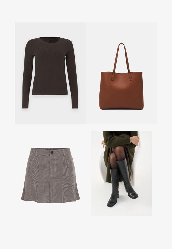 Brūns, garām piedurknēm ribots tops ar apaļu kakla izgriezumu. Izgatavots no gludas, elastīgas materiāla, ar pieguļošu siluetu un minimālu apdari.; Melnbalts raibs svārks, izgatavots no viegla auduma, ar jostu un pogu, kā arī ieplēstiem elementiem papildu detaļām.; Ceļgalu augstuma melni ādas zābaki ar kvadrātu purngalu un bloku papēdi, attēloti modelī, kurš sēž olīvu zaļā mētelī. Gluda tekstūra, minimāla apdare.; Brūna ādas iepirkumu soma ar gludu tekstūru, atvērta augšdaļa un divas plecu siksnas. Izceļas ar minimālām šuvēm un redzamu aparatūru nav.