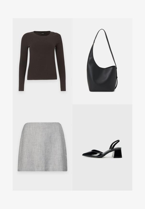 Top marrón de manga larga y con ribete, con cuello redondo. Fabricado con un material suave y elástico, presenta una silueta ajustada y un diseño minimalista.; Falda gris con una tela suave y texturizada, con un corte recto y sin adornos visibles. Diseño simple y minimalista.; Zapatos de tacón slingback de charol negro con punta afilada y tacón geométrico en bloque. Presentan un diseño elegante y minimalista, así como una textura suave.; Bolso tipo hobo de cuero negro con una textura suave, forma curvada y una sola correa ajustable; presenta una amplia apertura en la parte superior.