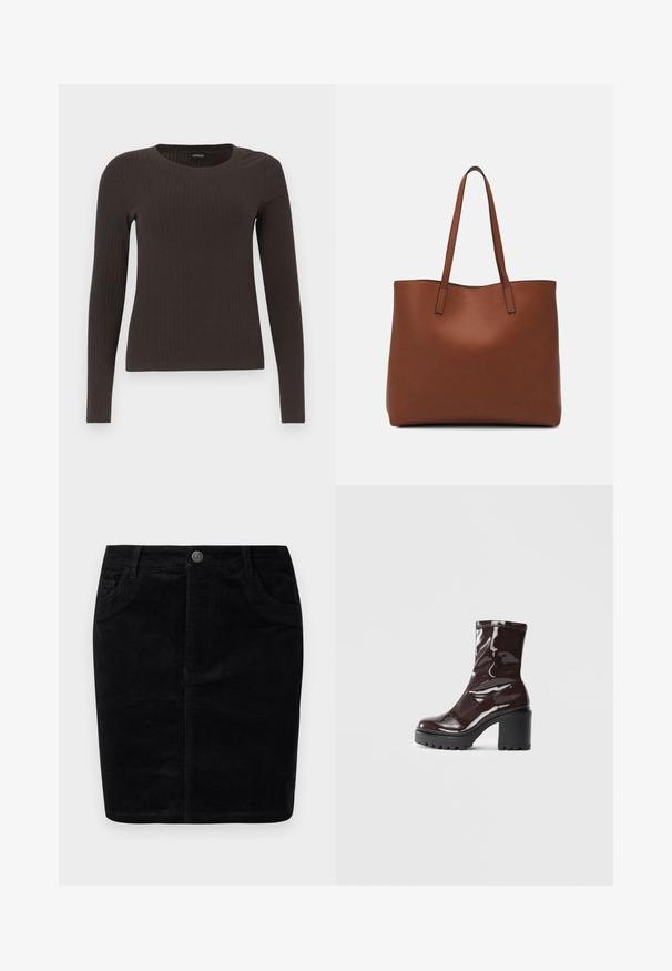 Braunes, langärmliges, geripptes Oberteil mit Rundhalsausschnitt. Hergestellt aus einem glatten, dehnbaren Material, mit einer taillierten Silhouette und minimalen Details.; Schwarzer Cordrock mit geradem Schnitt, Knopfverschluss, vorderen Taschen, geripptem Muster und matter Oberfläche.; Glatte bordeauxrote Ankle Boots mit einem klobigen schwarzen Absatz, die eine glatte Oberfläche und ein einfaches Design aufweisen. Keine sichtbaren Verschlüsse oder Muster.; Braune Leder-Tote mit glatter Textur, offenem Oberteil und zwei Schulterriemen. Verfügt über minimale Nähte und keine sichtbaren Beschläge.