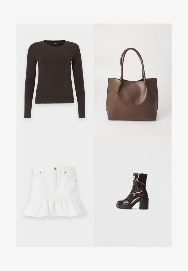 Braunes, langärmliges, geripptes Oberteil mit Rundhalsausschnitt. Hergestellt aus einem glatten, dehnbaren Material, mit einer taillierten Silhouette und minimalen Details.; Weiße Jeans-Rock mit einem Rüschensaum, der ein Fünf-Taschen-Design, eine vordere Knopfschließe und Metallakzente aufweist.; Glatte bordeauxrote Ankle Boots mit einem klobigen schwarzen Absatz, die eine glatte Oberfläche und ein einfaches Design aufweisen. Keine sichtbaren Verschlüsse oder Muster.; Braune Leder-Tote mit zwei langen Tragriemen, strukturiertem Shape, glatter Textur und minimalistischem Design. Keine sichtbaren Beschläge oder Akzente.