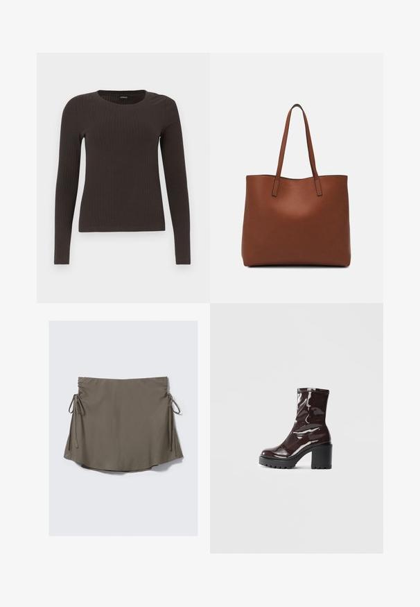 Top castanho de manga longa em malha com decote redondo. Feito de um material suave e elástico, apresentando um silhueta ajustada e detalhes mínimos.; Saia curta marrom com laços ajustáveis nas laterais e detalhes franzidos de ambos os lados, exibida contra um fundo branco liso.; Bota de tornozelo burgundy brilhante com um salto preto robusto, apresentando uma textura suave e um design simples. Sem fechos ou padrões visíveis.; Bolsa tote de couro castanho com uma textura suave, design de abertura superior e duas alças para o ombro. Apresenta costura mínima e sem hardware visível.