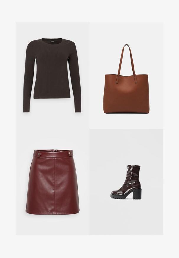 Brown, long-sleeve ribbed top with a crew neckline. Made from a smooth, stretchy material, featuring a fitted silhouette and minimal detailing.; Burgundy faux leather mini skirt with a structured waistband, front zipper, and metal snap accents, featuring a smooth, glossy texture.; Glossy burgundy ankle boot with a chunky black heel, featuring a smooth texture and simple design. No visible fastenings or patterns.; Brown leather tote bag with a smooth texture, open top design, and two shoulder straps. Features minimal stitching and no visible hardware.