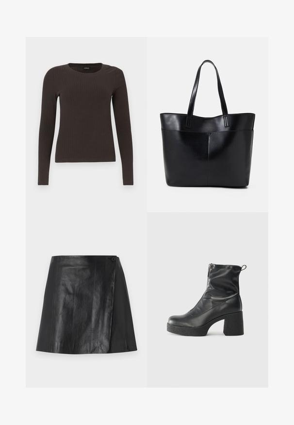 Top castanho de manga longa em malha com decote redondo. Feito de um material suave e elástico, apresentando um silhueta ajustada e detalhes mínimos.; Saia mini em faux couro preto, com detalhe em frente envolvente fixado por um botão no lado direito, textura suave e leve brilho.; Botas de tornozelo pretas feitas de couro liso, com fecho lateral, salto grosso texturizado e design de bico arredondado.; Bolsa tote preta em couro com duas alças longas, textura suave e forma estruturada. Apresenta um bolso frontal para armazenamento adicional.