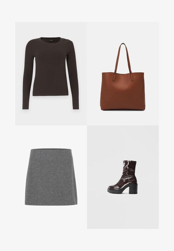 Braunes, langärmliges, geripptes Oberteil mit Rundhalsausschnitt. Hergestellt aus einem glatten, dehnbaren Material, mit einer taillierten Silhouette und minimalen Details.; Ein grauer Wollminirock mit geradem Schnitt und glatter Textur, ausgestattet mit einem breiten Bund und ohne sichtbare Nähte oder Verzierungen.; Glatte bordeauxrote Ankle Boots mit einem klobigen schwarzen Absatz, die eine glatte Oberfläche und ein einfaches Design aufweisen. Keine sichtbaren Verschlüsse oder Muster.; Braune Leder-Tote mit glatter Textur, offenem Oberteil und zwei Schulterriemen. Verfügt über minimale Nähte und keine sichtbaren Beschläge.