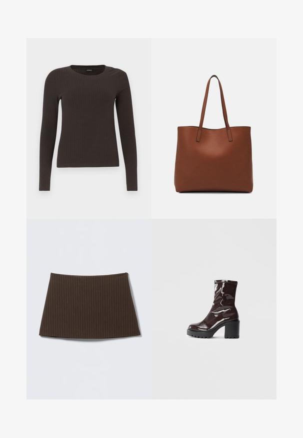 Un haut marron à manches longues en rib avec un col rond. Fabriqué dans un matériau lisse et extensible, il présente une silhouette ajustée et un minimum de détails.; Jupe marron à fines rayures, coupe ajustée, texture lisse et ourlet évasé, idéale pour un look sur mesure.; Bottines bordeaux brillantes à talon épais noir, avec une texture lisse et un design simple. Aucune fermeture visible ni motifs.; Sac fourre-tout en cuir marron avec une texture lisse, design à ouverture supérieure et deux poignées pour le porter à l'épaule. Présente des coutures minimales et aucun matériel visible.