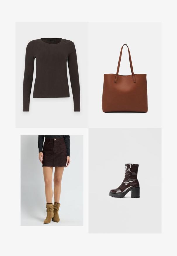 Un haut marron à manches longues en rib avec un col rond. Fabriqué dans un matériau lisse et extensible, il présente une silhouette ajustée et un minimum de détails.; Femme portant une mini-jupe en velours côtelé marron foncé, un haut noir à manches longues et des bottines à talons en suède beige.; Bottines bordeaux brillantes à talon épais noir, avec une texture lisse et un design simple. Aucune fermeture visible ni motifs.; Sac fourre-tout en cuir marron avec une texture lisse, design à ouverture supérieure et deux poignées pour le porter à l'épaule. Présente des coutures minimales et aucun matériel visible.