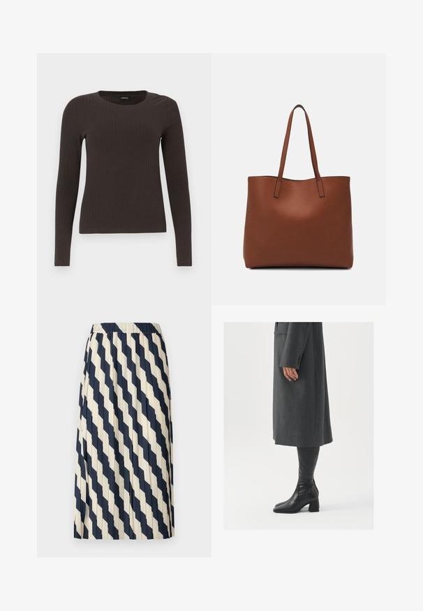 Top marrone a maniche lunghe con scollo rotondo. Realizzato in un materiale liscio e elasticizzato, presenta una silhouette aderente e dettagli minimi.; Gonna a pieghe in crema e blu navy, con un motivo a diamante. La vita elastica e il tessuto leggero creano una silhouette fluida.; Cappotto grigio su misura con taglio dritto; abbinato a stivali in pelle nera al ginocchio con punta quadrata e tacco grosso.; Borsa tote in pelle marrone con texture liscia, design con apertura superiore e due spallacci. Presenta cuciture minime e nessun hardware visibile.