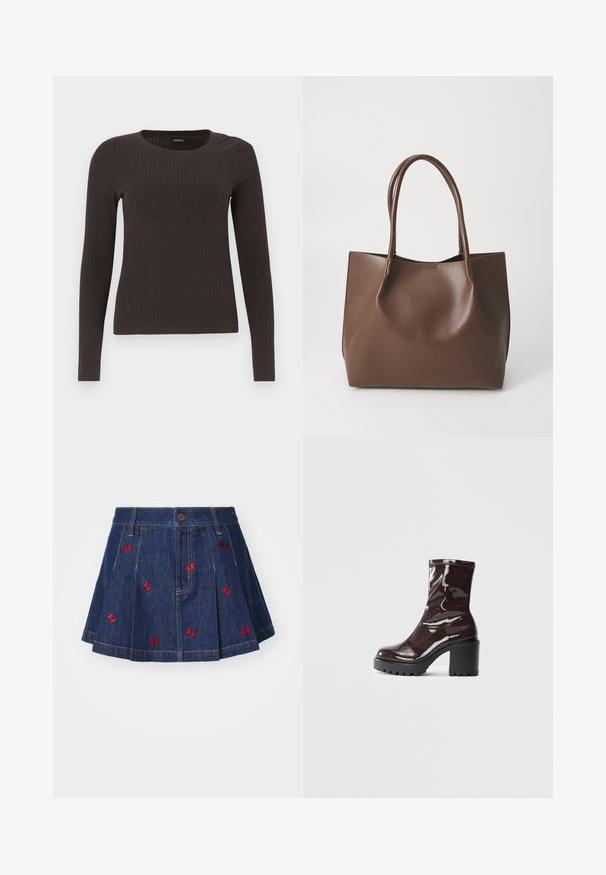 Brūns, garām piedurknēm ribots tops ar apaļu kakla izgriezumu. Izgatavots no gludas, elastīgas materiāla, ar pieguļošu siluetu un minimālu apdari.; Zila džinsu svārki ar krokām un tumšu mazgāšanu, ar sarkano izšuvumu tauriņu detaļām un klasisku piecu kabatu dizainu ar priekšējo pogu aizdari.; Spīdīgas bordo potīšu botītes ar masīlu melnu papēdi, kurām ir gluda tekstūra un vienkāršs dizains. Nav redzamu aizdari vai rakstu.; Brūna ādas iepirkumu soma ar divām garām rokturiem, strukturēta forma, gluda tekstūra un minimālistisks dizains. Nav redzamu aparatūras vai akcentu.