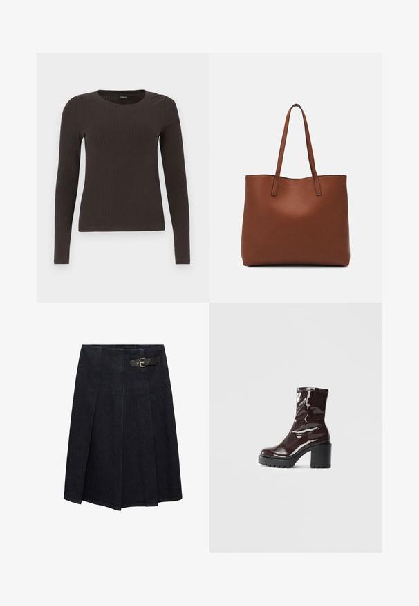 Bruine, lang%C3%A8ve ribgebreide top met een ronde hals. Gemaakt van een soepel, rekbaar materiaal, met een getailleerde pasvorm en minimale details.; Donkerdenim rok met een aansluitende taille, zijdelingse gespdetails, geplooid ontwerp en een licht uitlopende silhouet. Naaddetails overal.; Glanzende bordeauxrode enkelboot met een chunky zwarte hak, met een gladde textuur en een eenvoudig ontwerp. Geen zichtbare sluitingen of patronen.; Bruine leren tote bag met een gladde textuur, een ontwerp met een open bovenkant en twee schouderbanden. Kenmerkt zich door minimale stiksels en geen zichtbare hardware.