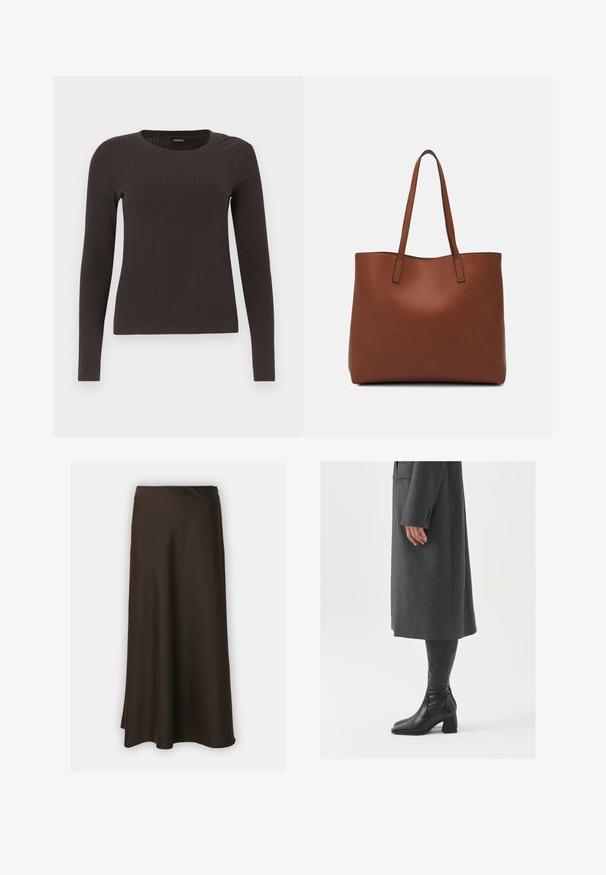 Top castanho de manga longa em malha com decote redondo. Feito de um material suave e elástico, apresentando um silhueta ajustada e detalhes mínimos.; Selected Femme SLFLENA - Saia evasé - coffee bean; Casaco cinza, ajustado, com corte reto; combinado com botas de couro pretas até ao joelho, com biqueira quadrada e salto grosso.; Bolsa tote de couro castanho com uma textura suave, design de abertura superior e duas alças para o ombro. Apresenta costura mínima e sem hardware visível.