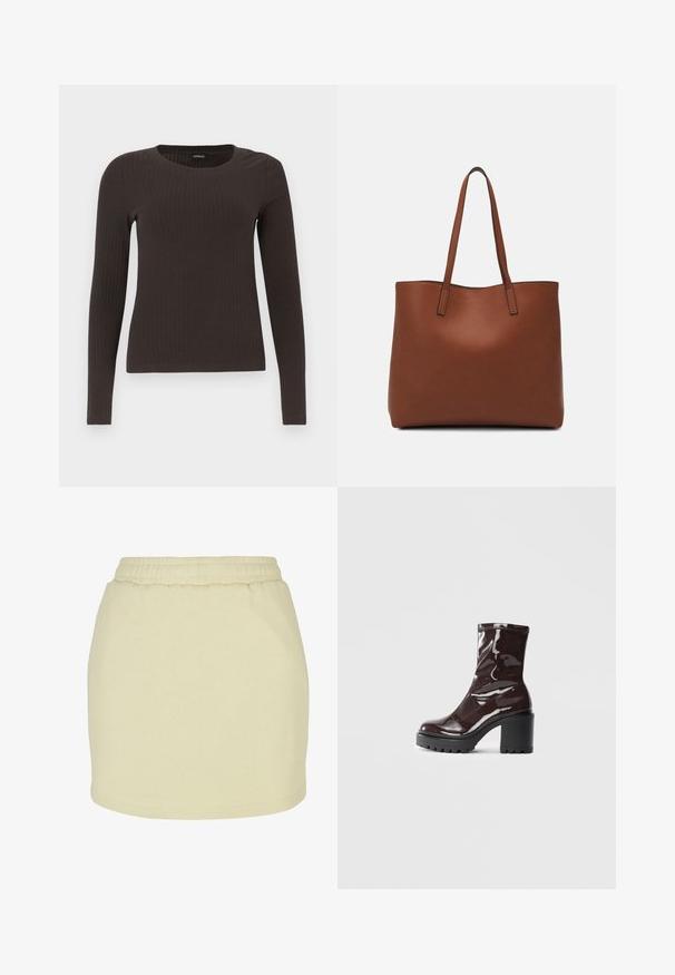 Pruun, pikkade varrukatega ribaga särk, millel on ümar kaelus. Valmistatud siledast, venivast materjalist, omades formatiivset siluetti ja minimaalset dekoratiivsust.; Kerged kollane seelik, mis on valmistatud pehmest kangast, elastse vöökoha ja sirge lõikega. Sile tekstuur ilma nähtavate mustrite või aksessuaarideta.; Klakav läikiv burgundi värvi pahkluu saabas, millel on paks must konts, sile tekstuur ja lihtne disain. Nähtavad kinnitused või mustrid puuduvad.; Pruun nahast tote-kott, millel on sile tekstuur, avatud ülaosa disain ja kaks õlarihma. Omab minimaalset õmblust ja nähtavat riistvara ei ole.