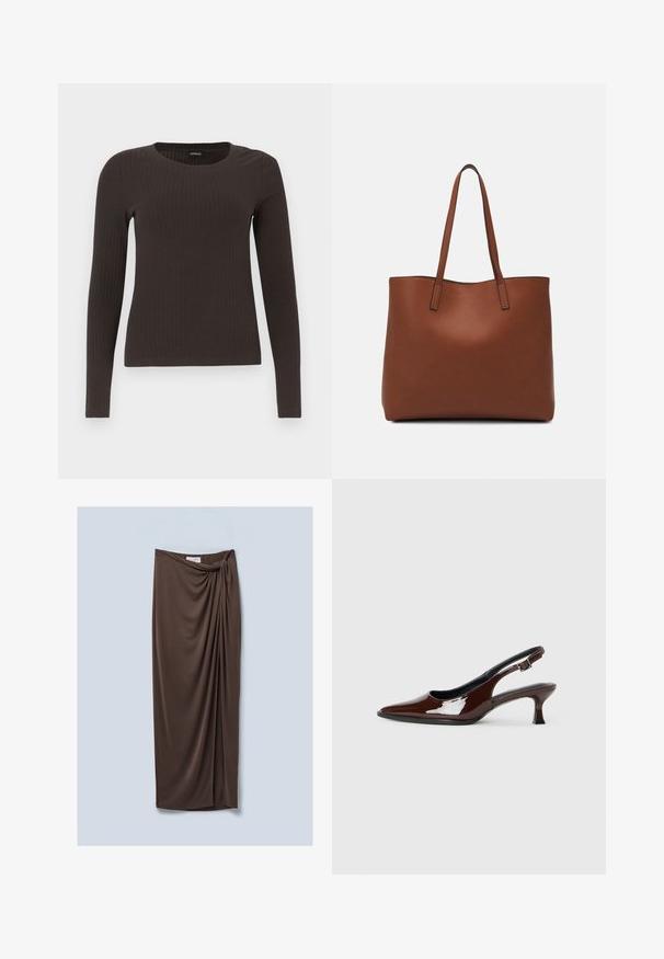 Rudas, su ilgomis rankovėmis, grioveliais dekoruotas viršus su apvaliu iškirpimu. Pagamintas iš lygaus, elastingo audinio, su prigludusia siluetu ir minimaliais akcentais.; Ruda, iki kelių siekianti suknele pagaminta iš minkštos, pūstos medžiagos. Suknelė turi susukto mazgo detalę liemens srityje ir lygų paviršių.; Rudos lakuoti odiniai slingback batai su smailiu pirštu ir vidutinio aukščio kulnu. Yra sagties dirželis, užtikrinantis tvirtą prigludimą. Lygus paviršius.; Ruda odinė priekabų krepšys su glotnia tekstūra, atviru viršumi ir dviem petnešomis. Su minimalia siuvimo detalėmis ir nematoma aparatūra.