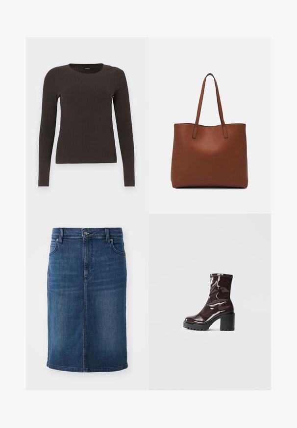 Top castanho de manga longa em malha com decote redondo. Feito de um material suave e elástico, apresentando um silhueta ajustada e detalhes mínimos.; Saia lápis de denim em azul escuro, com um tecido de cor sólida, corte médio, passantes para cinto e bolsos frontais com fecho de zíper.; Bota de tornozelo burgundy brilhante com um salto preto robusto, apresentando uma textura suave e um design simples. Sem fechos ou padrões visíveis.; Bolsa tote de couro castanho com uma textura suave, design de abertura superior e duas alças para o ombro. Apresenta costura mínima e sem hardware visível.