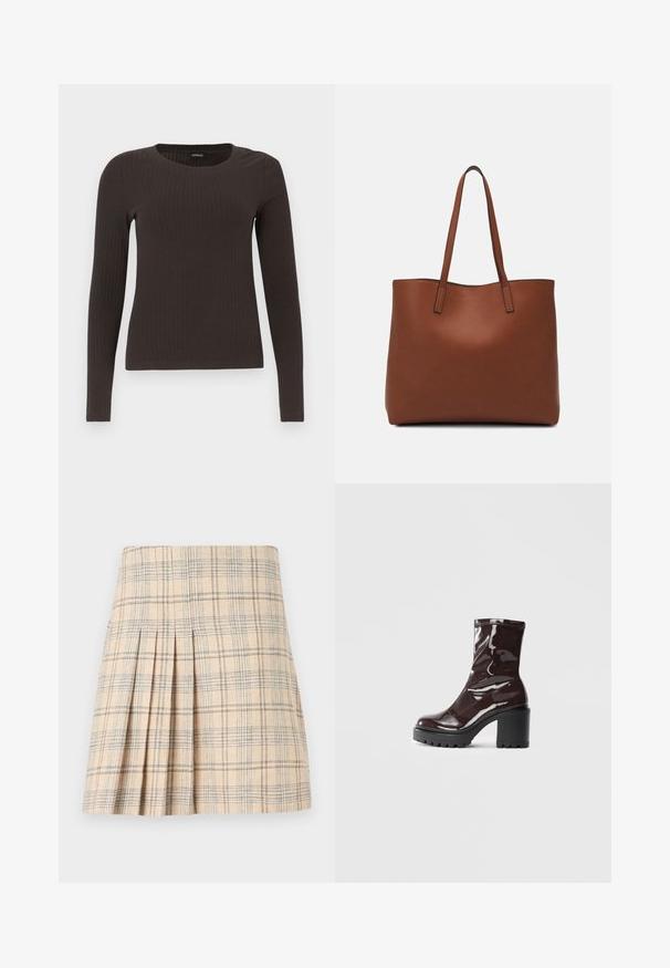 Brūns, garām piedurknēm ribots tops ar apaļu kakla izgriezumu. Izgatavots no gludas, elastīgas materiāla, ar pieguļošu siluetu un minimālu apdari.; Gaiši brūna karogaina svārku svītra ar zilu un brūnu līniju, kurai ir pielāgota josta un tekstilins audums, nodrošinot strukturētu izskatu.; Spīdīgas bordo potīšu botītes ar masīlu melnu papēdi, kurām ir gluda tekstūra un vienkāršs dizains. Nav redzamu aizdari vai rakstu.; Brūna ādas iepirkumu soma ar gludu tekstūru, atvērta augšdaļa un divas plecu siksnas. Izceļas ar minimālām šuvēm un redzamu aparatūru nav.