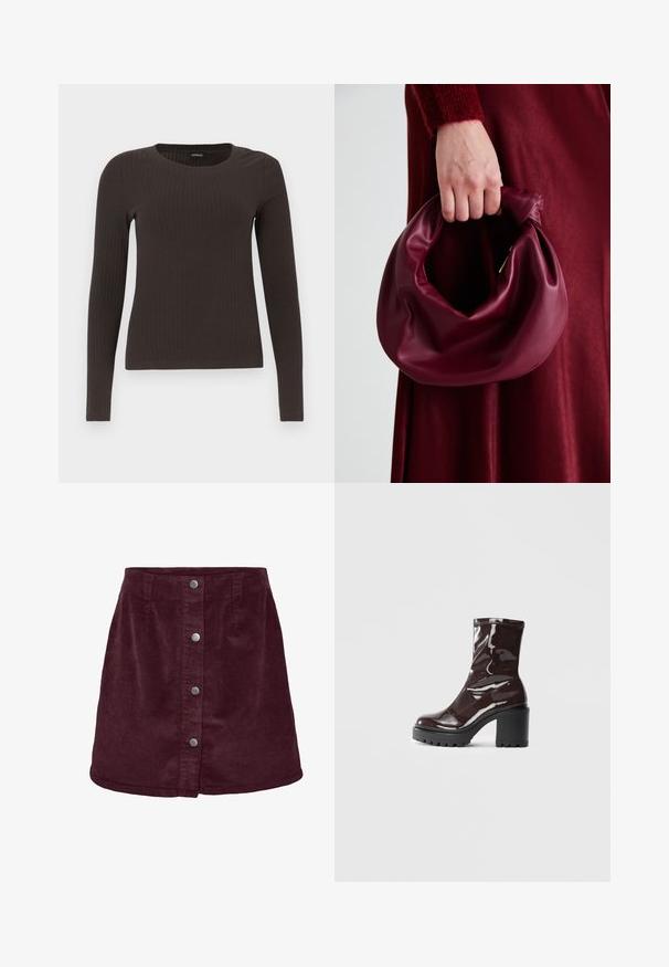 Top ribbed, de culoare maronie, cu mâneci lungi și gât rotund. Fabricat dintr-un material neted și elastic, cu un croi ajustat și detalii minime.; Fustă mini din corduroy bordeaux cu formă în a-line, având cinci nasturi argintii pe față și o textură ușor ribbed.; Botine lucioase burgundy, cu toc gros negru, având o textură netedă și un design simplu. Fără închideri sau modele vizibile.; Geantă de mână din piele burgundă, cu un design moale și pliat și o formă rotundă. Mânerele sunt securizate, evidențiind o textură netedă.