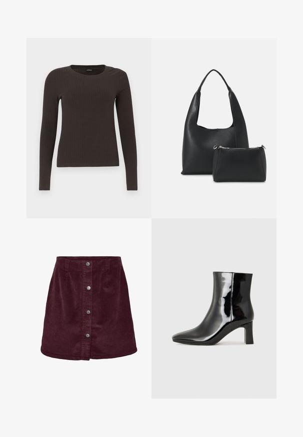 Bruine, lang%C3%A8ve ribgebreide top met een ronde hals. Gemaakt van een soepel, rekbaar materiaal, met een getailleerde pasvorm en minimale details.; Bordeaux corduroy mini-jurk met A-lijnvorm, voorzien van vijf zilveren knopen aan de voorkant en een subtiele ribbelstructuur.; Zwarte gepolijste leren enkellaars met een spitse neus en een blokhak van gemiddelde hoogte. Glad textuur en minimalistisch ontwerp.; Even&Odd Handtas - black