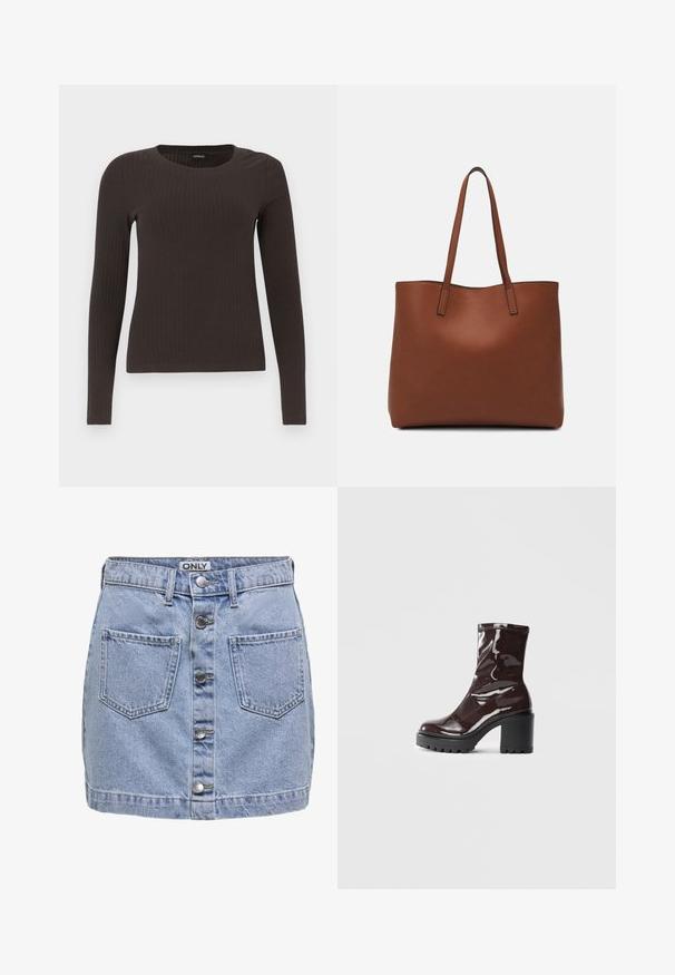 Top ribbed, de culoare maronie, cu mâneci lungi și gât rotund. Fabricat dintr-un material neted și elastic, cu un croi ajustat și detalii minime.; Fustă mini din denim de culoare bleu deschis, având cinci butoane frontale, două buzunare aplicate și o textură ușor uzată. Eticheta spune "ONLY."; Botine lucioase burgundy, cu toc gros negru, având o textură netedă și un design simplu. Fără închideri sau modele vizibile.; Geantă de umăr din piele maro cu o textură netedă, design cu vârf deschis și două curele pentru umăr. Prezintă cusături minime și fără componente metalice vizibile.