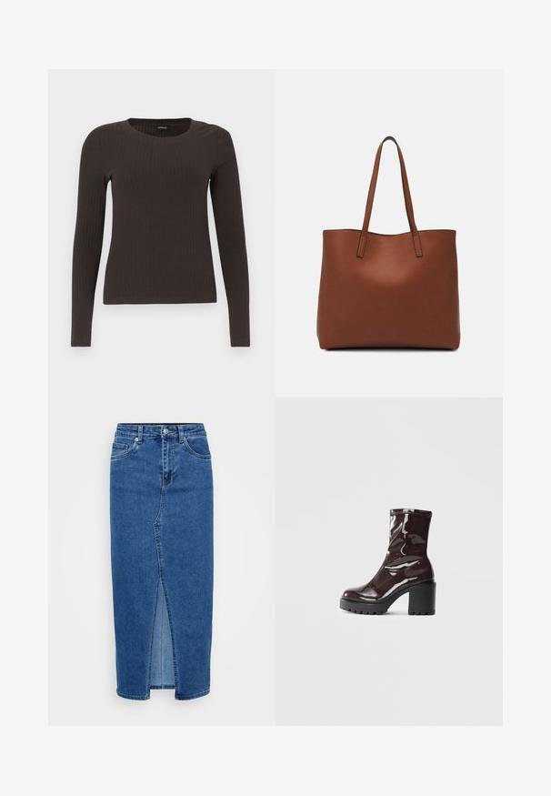 Brūns, garām piedurknēm ribots tops ar apaļu kakla izgriezumu. Izgatavots no gludas, elastīgas materiāla, ar pieguļošu siluetu un minimālu apdari.; Zila džinsu midi svārki ar priekšējo šķelšanos. Iespējas pieci kabatas, pogu aizdare un jostas cilpas. Gluda tekstūra un klasiskā dizaina.; Spīdīgas bordo potīšu botītes ar masīlu melnu papēdi, kurām ir gluda tekstūra un vienkāršs dizains. Nav redzamu aizdari vai rakstu.; Brūna ādas iepirkumu soma ar gludu tekstūru, atvērta augšdaļa un divas plecu siksnas. Izceļas ar minimālām šuvēm un redzamu aparatūru nav.