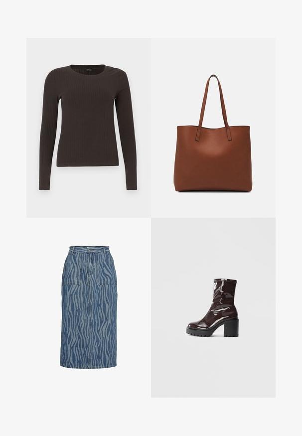 Ruskih, dugih rukava, rebrastih majica s okruglim izrezom. Izrađena od glatkog, rastezljivog materijala, s pripijenim krojem i minimalnim detaljima.; Denim pencil skirt dengan pola zigzag dalam nuansa biru yang berbeda, dilengkapi dengan pinggang tinggi, dua kantong depan, dan potongan lurus.; Satea bordeaux berwarna mengkilap dengan tumit hitam tebal, menampilkan tekstur halus dan desain sederhana. Tanpa pengikat atau pola yang terlihat.; Ruskea nahkainen olkalaukku, jossa on sileä pinta, avoin yläosa ja kaksi olkahihnaa. Omaavat vain minimaalisen ompelun eikä näkyvää metalliosaa.