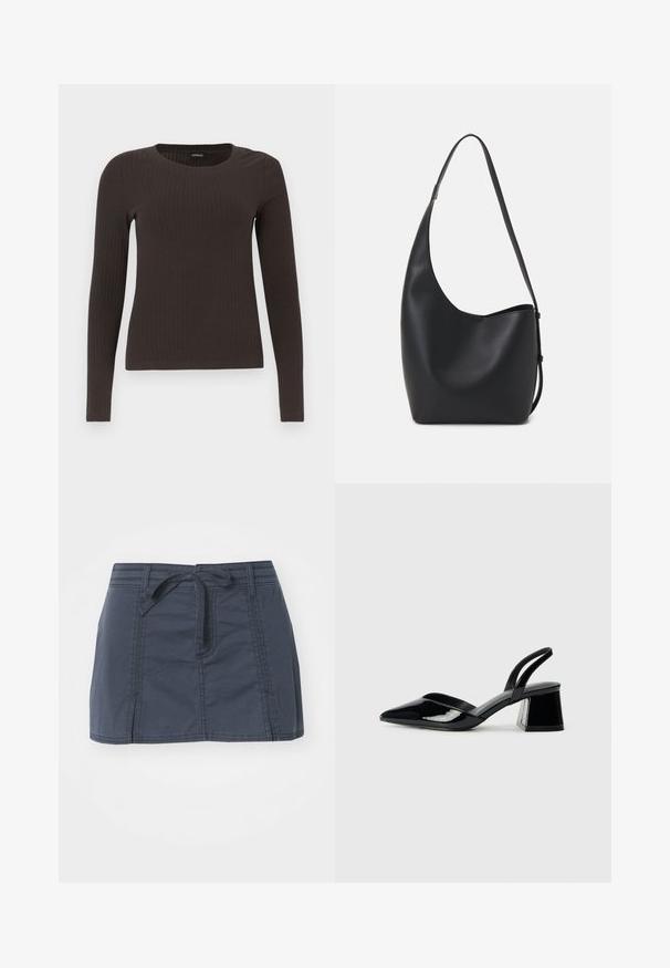 Brun, langermet ribbestrikket topp med rund hals. Laget av et glatt, elastisk materiale, med en tettsittende silhuett og minimalt med detaljer.; Marineblå denim miniskjørt med knytebelte, funksjoner med sømdetaljer og sidelommer. Tøyet har en jevn tekstur.; Svarte patentlær slingback hæler med spiss tå og geometrisk blokk hæl. Har et stilrent, minimalistisk design og jevn tekstur.; Svart lær hobo-veske med glatt tekstur, buet form og enkelt justerbart stropp; har en bred åpning på toppen.