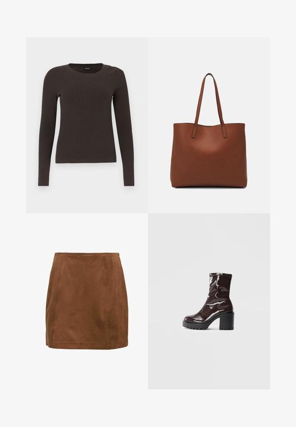 Top marrón de manga larga y con ribete, con cuello redondo. Fabricado con un material suave y elástico, presenta una silueta ajustada y un diseño minimalista.; Minifalda de ante marrón con una textura suave, corte recto y costuras sutiles. Presenta una cinturilla y un diseño minimalista.; Botín burdeos brillante hasta el tobillo con un tacón negro grueso, que presenta una textura suave y un diseño sencillo. Sin cierres ni patrones visibles.; Bolso tote de cuero marrón con una textura suave, diseño de apertura superior y dos correas para el hombro. Presenta una costura mínima y sin herrajes visibles.