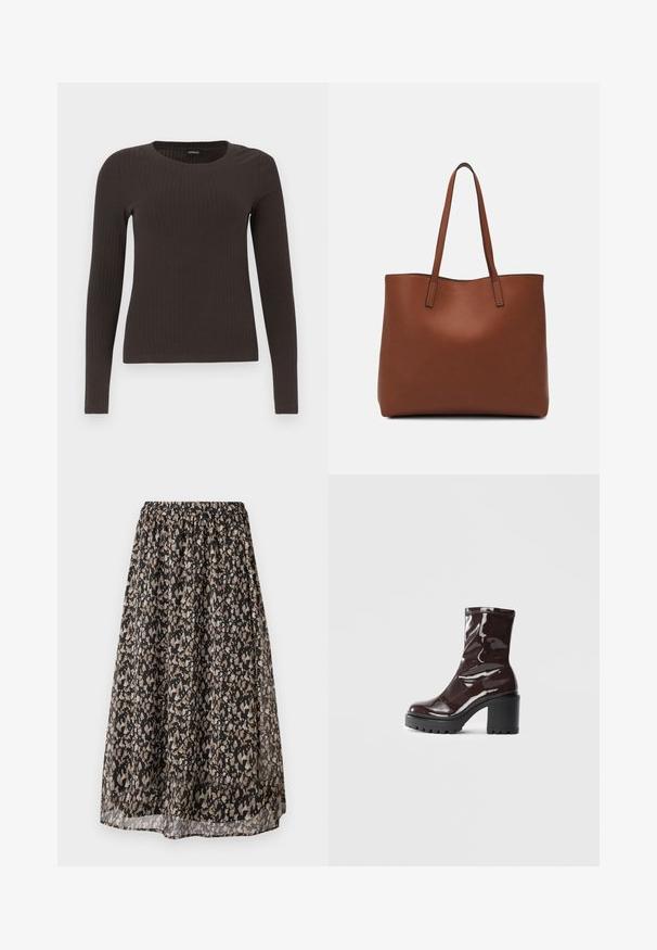Top marrón de manga larga y con ribete, con cuello redondo. Fabricado con un material suave y elástico, presenta una silueta ajustada y un diseño minimalista.; Falda midi negra hecha de un tejido ligero, con un patrón floral en tonos beige y crema. Cintura elástica para un ajuste ajustable.; Botín burdeos brillante hasta el tobillo con un tacón negro grueso, que presenta una textura suave y un diseño sencillo. Sin cierres ni patrones visibles.; Bolso tote de cuero marrón con una textura suave, diseño de apertura superior y dos correas para el hombro. Presenta una costura mínima y sin herrajes visibles.
