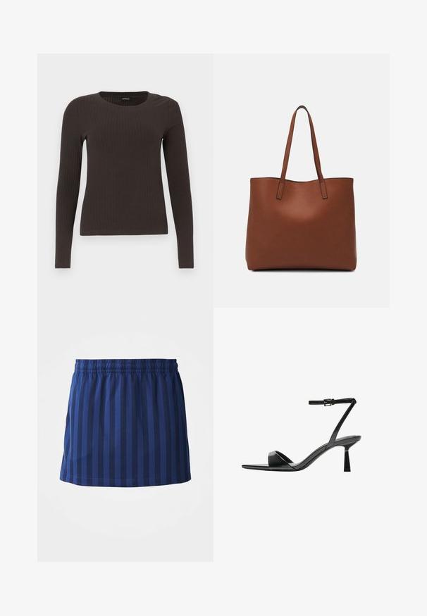 Barna, hosszú ujjú bordázott felső, kerek nyakkivágással. Simább, rugalmas anyagból készült, illeszkedő fazonú és minimális részletezéssel.; Tengerészkék szoknya függőleges csíkokkal, rugalmas derékkal, combközép hosszúságú, könnyű anyagból készült, sima textúrájú.; Bershka Magas sarkú szandálok - black; Barna bőr vászontáska sima textúrával, nyitott tetejű dizájnnal és két vállpánttal. Minimális varrással és látható hardver nélkül készült.