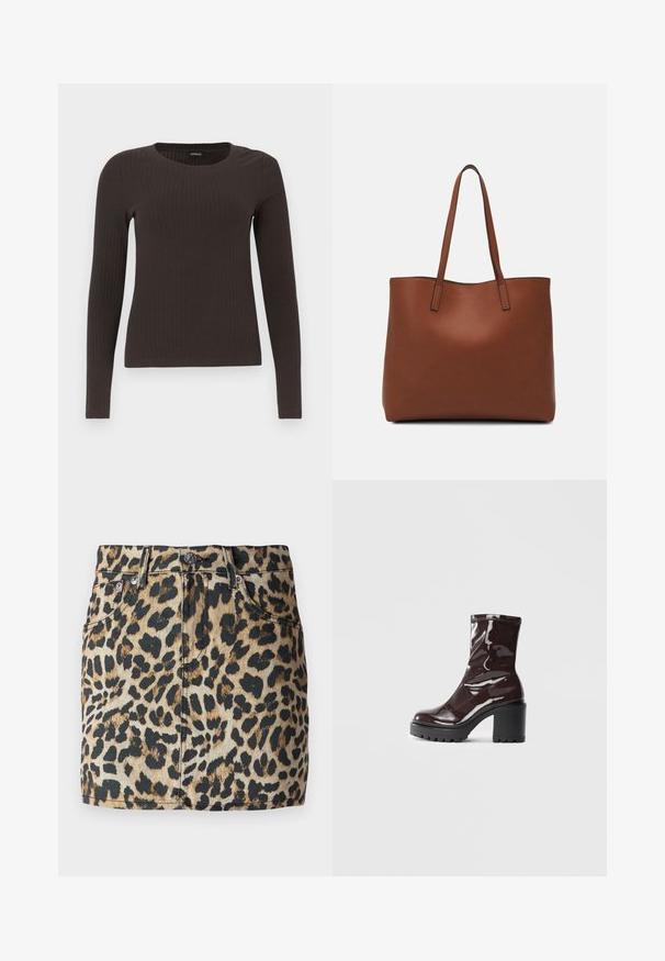 Top ribbed, de culoare maronie, cu mâneci lungi și gât rotund. Fabricat dintr-un material neted și elastic, cu un croi ajustat și detalii minime.; Fustă mini din denim cu un model leopard în nuanțe de brun și negru, cu talie înaltă și design cu cinci buzunare. Accente din metal argintiu.; Botine lucioase burgundy, cu toc gros negru, având o textură netedă și un design simplu. Fără închideri sau modele vizibile.; Geantă de umăr din piele maro cu o textură netedă, design cu vârf deschis și două curele pentru umăr. Prezintă cusături minime și fără componente metalice vizibile.