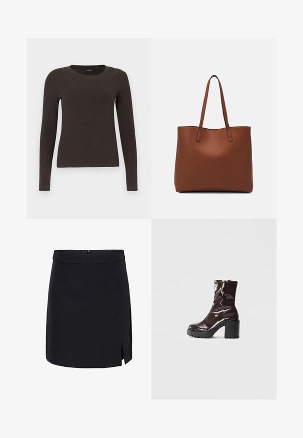 Brun, langermet ribbestrikket topp med rund hals. Laget av et glatt, elastisk materiale, med en tettsittende silhuett og minimalt med detaljer.; Svart miniskjørt laget av glatt stoff med en tettsittende midje, med et sideslitt og en skjult glidelås i ryggen.; Glinsende burgunder ankelstøvel med en kraftig svart hæl, med en glatt tekstur og enkelt design. Ingen synlige lukkinger eller mønstre.; Brun lær tote veske med en jevn tekstur, åpen toppdesign og to skulderstropper. Har minimal søm og ingen synlige spiker.