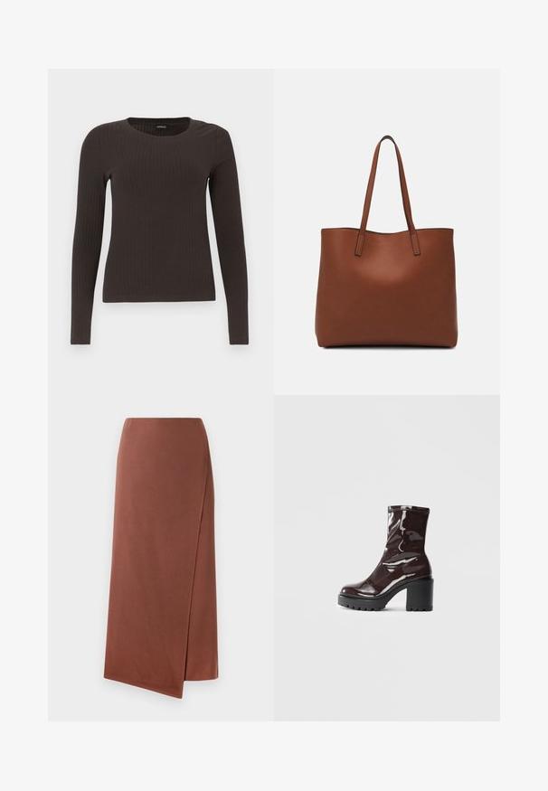 Top castanho de manga longa em malha com decote redondo. Feito de um material suave e elástico, apresentando um silhueta ajustada e detalhes mínimos.; Saia longa castanha em tecido suave com silhueta reta. Apresenta uma fenda lateral para facilitar os movimentos. Design simples sem padrões.; Bota de tornozelo burgundy brilhante com um salto preto robusto, apresentando uma textura suave e um design simples. Sem fechos ou padrões visíveis.; Bolsa tote de couro castanho com uma textura suave, design de abertura superior e duas alças para o ombro. Apresenta costura mínima e sem hardware visível.