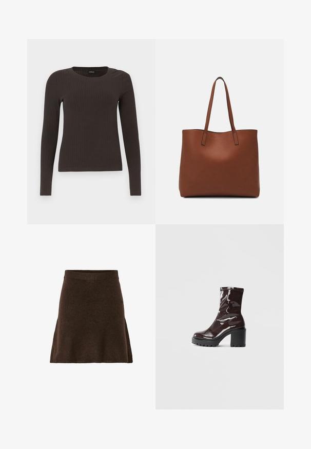 Brown, long-sleeve ribbed top with a crew neckline. Made from a smooth, stretchy material, featuring a fitted silhouette and minimal detailing.; Brown knit skirt with a flared shape, featuring a wide elastic waistband and a soft texture. No visible patterns or hardware details.; Glossy burgundy ankle boot with a chunky black heel, featuring a smooth texture and simple design. No visible fastenings or patterns.; Brown leather tote bag with a smooth texture, open top design, and two shoulder straps. Features minimal stitching and no visible hardware.