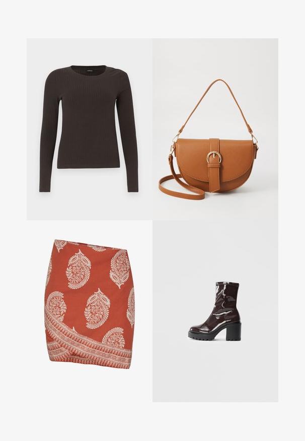 Hnedý, dlhý rukáv, rebrovaný top s okrúhlym výstrihom. Vyrobený z hladkého, elastického materiálu, s priliehavým strihom a minimálnym zdobením.; Skirt v rustovej farbe s bielymi vzormi paisley a kvetinovými motívmi. Má diagonálny lem a zložitý okrajový dizajn pozdĺž dolného okraja.; Lesklé burgundské kotníkové boty s robustním černým podpatkem, s hladkou strukturou a jednoduchým designem. Bez viditelných zapínání nebo vzorů.; Hnedá kožená kabelka cez telo s zakriveným tvarom, zlatými kovovými doplnkami a akcentom s prackou. Obsahuje odnímateľný ramenný popruh.
