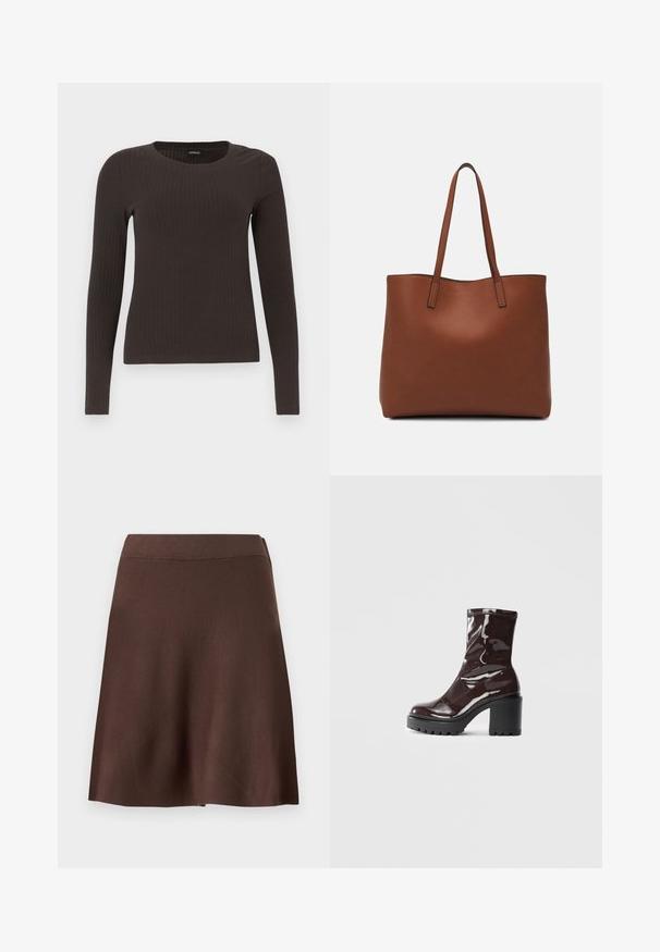 Rudas, su ilgomis rankovėmis, grioveliais dekoruotas viršus su apvaliu iškirpimu. Pagamintas iš lygaus, elastingo audinio, su prigludusia siluetu ir minimaliais akcentais.; Ruda A formos sijonas su elastine juostele, lygios trikotažo tekstūros ir švelniu išlankstymu apatinėje dalyje priešais vienodą šviesią foną.; Blizgus burgundių spalvos kulknapis su tankiu juodu kulnu, pasižymintis lygiu paviršiumi ir paprastu dizainu. Nėra matomų užsegimų ar raštų.; Ruda odinė priekabų krepšys su glotnia tekstūra, atviru viršumi ir dviem petnešomis. Su minimalia siuvimo detalėmis ir nematoma aparatūra.