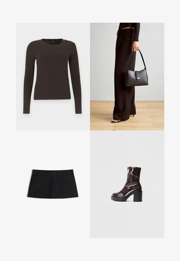 Smeđa, dugokraga, rebrasta majica s dugim rukavima. Izrađena od glatkog, rastezljivog materijala, s prikladnim krojem bez mnogo detalja.; Crna suknja do koljena napravljena od mekog materijala. Ima dva prednja džepa i jedan gumb za zatvaranje u struku.; Sjajna burgundska čizma do gležnja s debelim crnim potplatom, koja se odlikuje glatkom teksturom i jednostavnim dizajnom. Nema vidljivih kopčanja ili uzoraka.; Crna torba s oblikom koji sadrži strukturu, glađu teksturu i metalnu kopču. Uparena s širokim crnim hlačama i sandalama na otvorenom s drvenog poda.